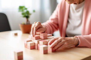 woman playing with blocks to improve her cognitive function