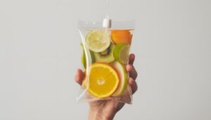 Human Hand Holding Saline Bag with Fruit Slices Over White Background