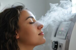 Woman on ozone therapy with facial steamer in beauty salon