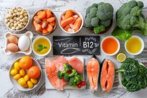 Assortment of Foods Rich in Vitamin B12 on a White Wooden Table, Featuring a Blackboard