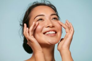 Woman with hydrated face touching healthy facial skin.